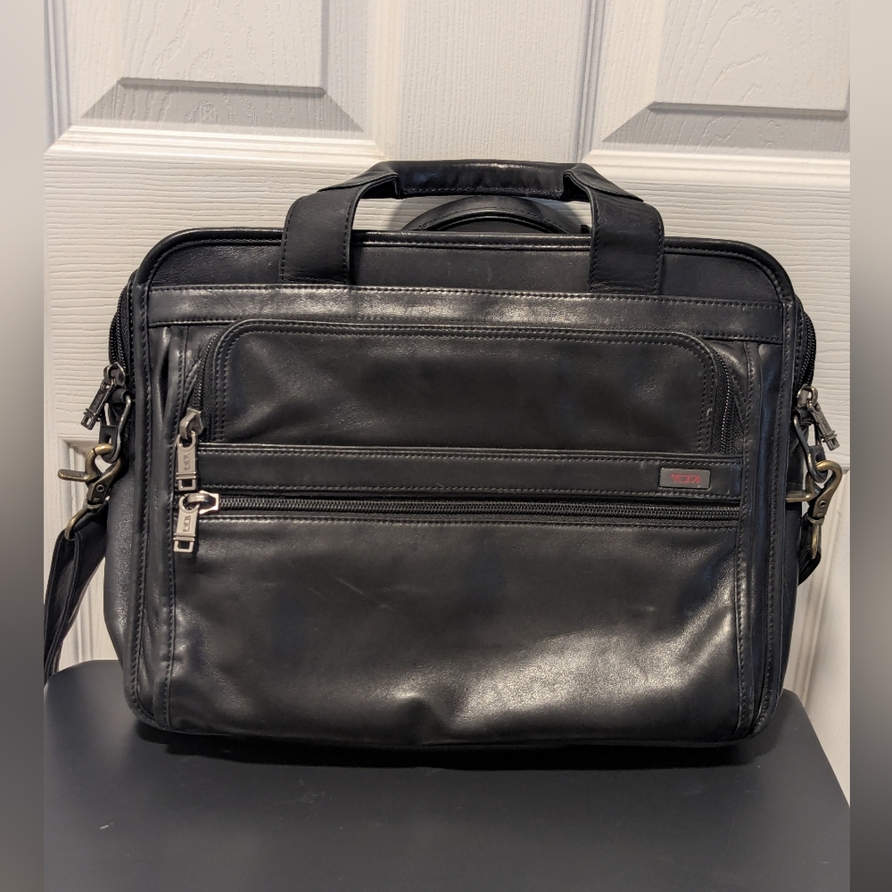 Tumi 96021D4 Alpha Black Leather Expandable Laptop Briefcase Business Bag